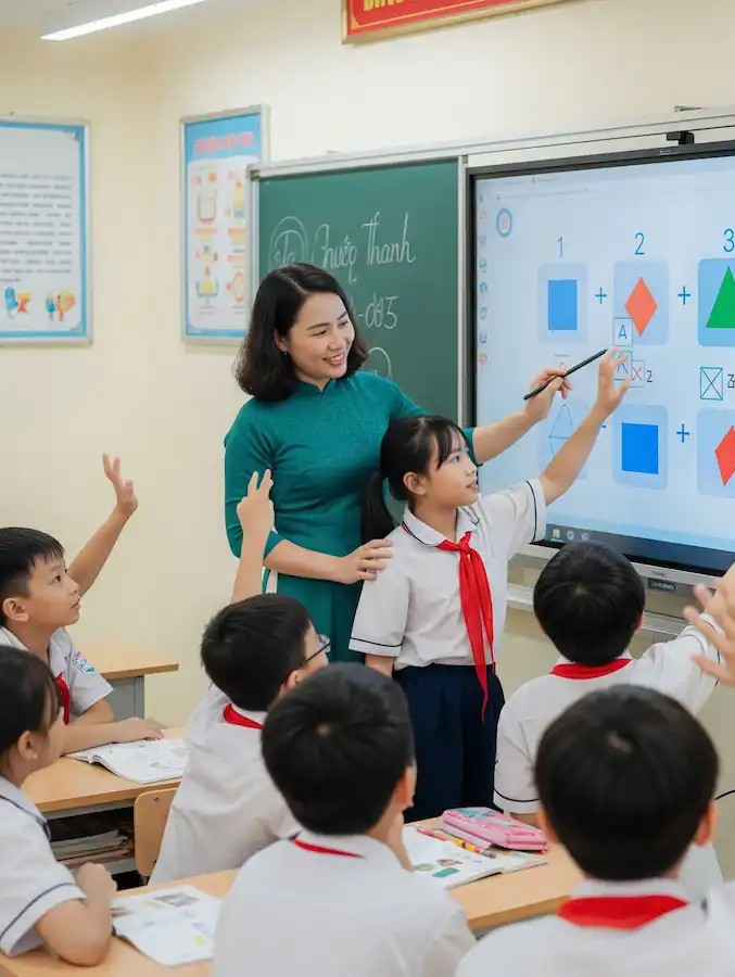 Giáo viên và học sinh học Toán cùng MATHORA trên bảng tương tác